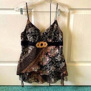 Black and tan Bohemian style polyester spaghetti strap blouse, size L